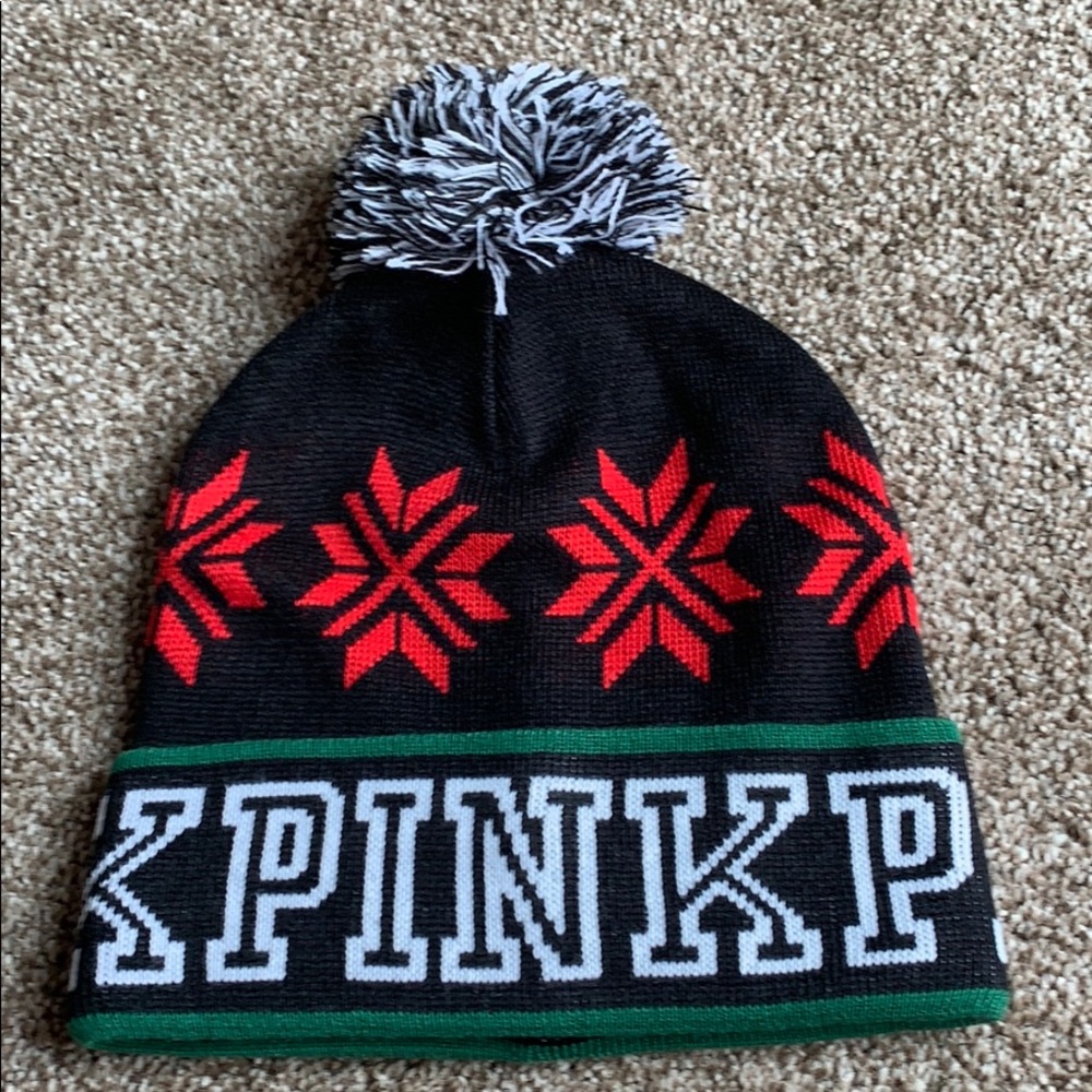 Victoria Secrets Pink black/green Pom Beanie NWOT